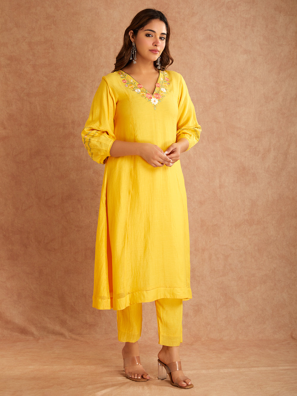 Yellow Mul Chanderi Silk Embroidered Kurta with Pants