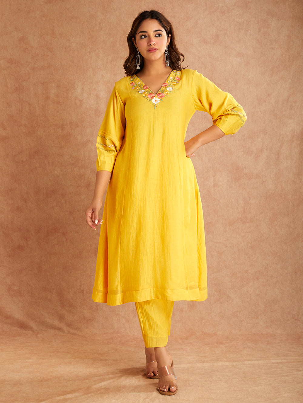 Yellow Mul Chanderi Silk Embroidered Kurta with Pants