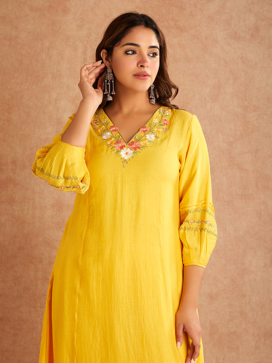 Yellow Mul Chanderi Silk Embroidered Kurta with Pants