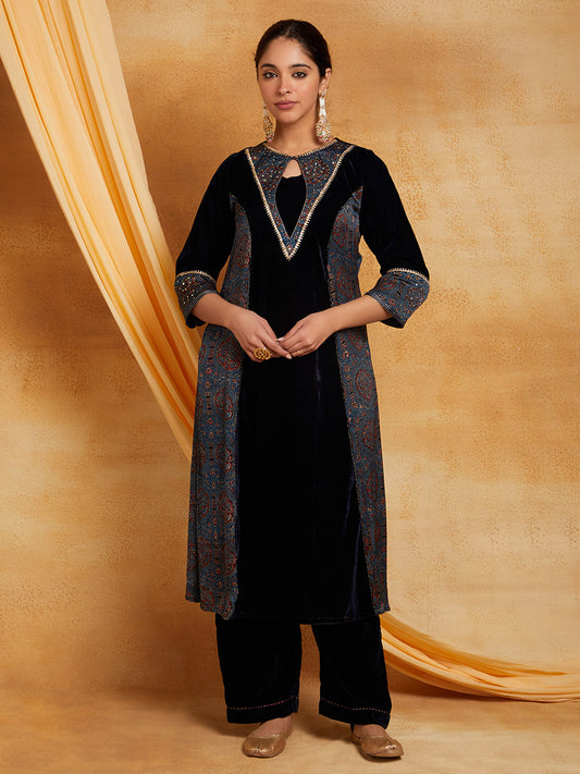 Dark Blue Velvet Ajrakh Applique Kurta And Pant-Set of 2