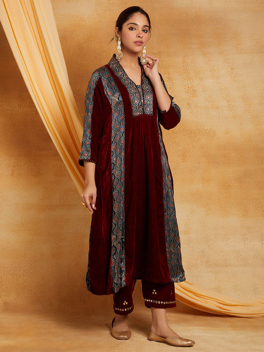 Maroon Velvet Ajrakh Applique Golden Embroidered Kurta And Pant-Set of 2