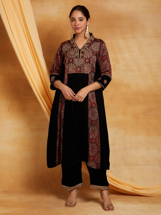 Black Velvet Ajrakh Patched Modal Silk Kurta And Pant