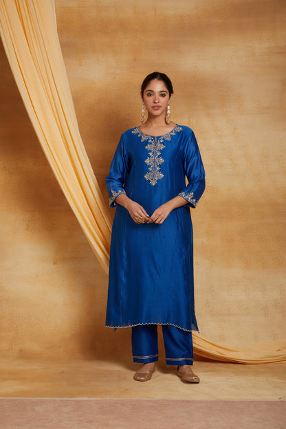 Blue Chanderi Silk Golden Embroidered Beaded Work Suit Set