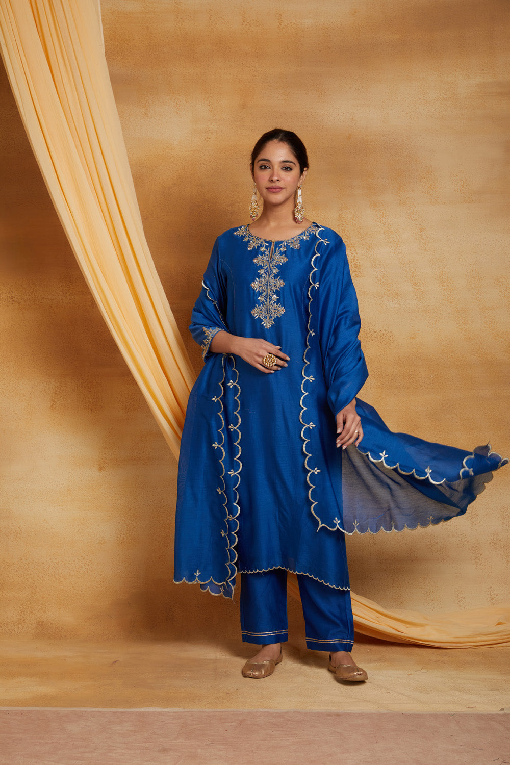 Blue Chanderi Silk Golden Embroidered Beaded Work Suit Set