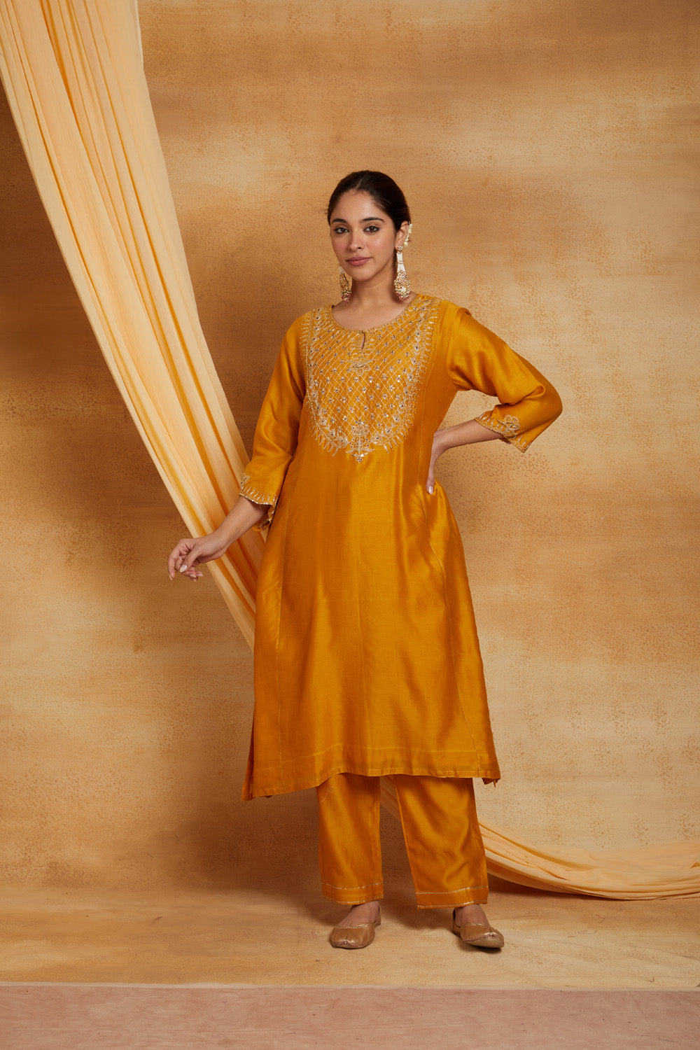 Mustard Chanderi Golden Embroidered Suit Set