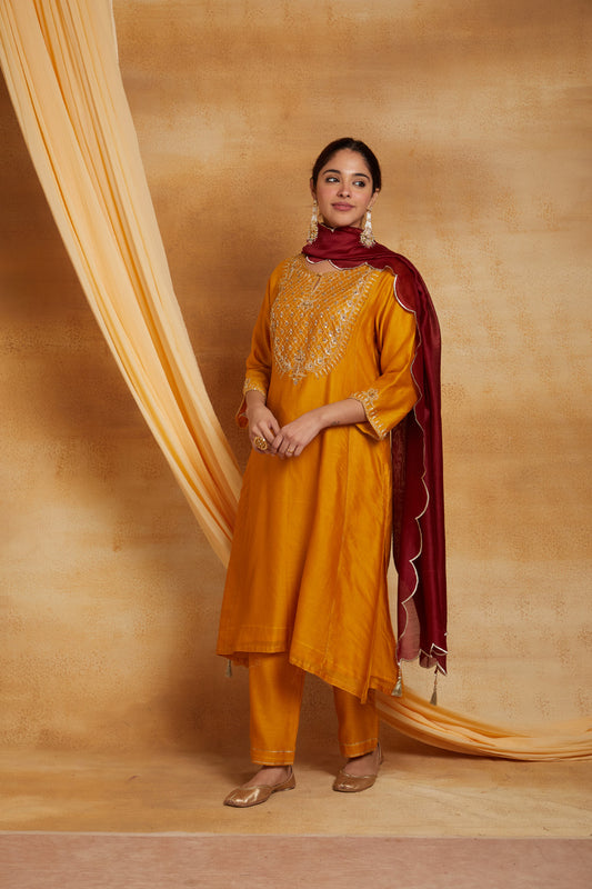 Mustard Chanderi Golden Embroidered Suit Set