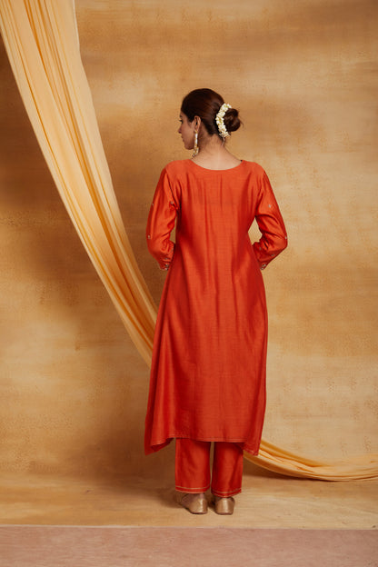 Orange V Neck Golden Embroidered Chanderi Suit Set