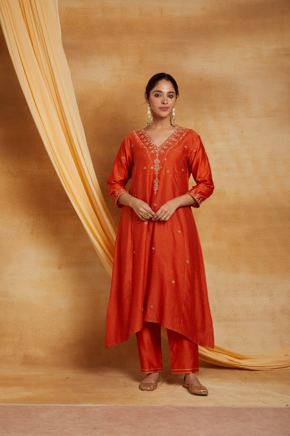 Orange V Neck Golden Embroidered Chanderi Suit Set