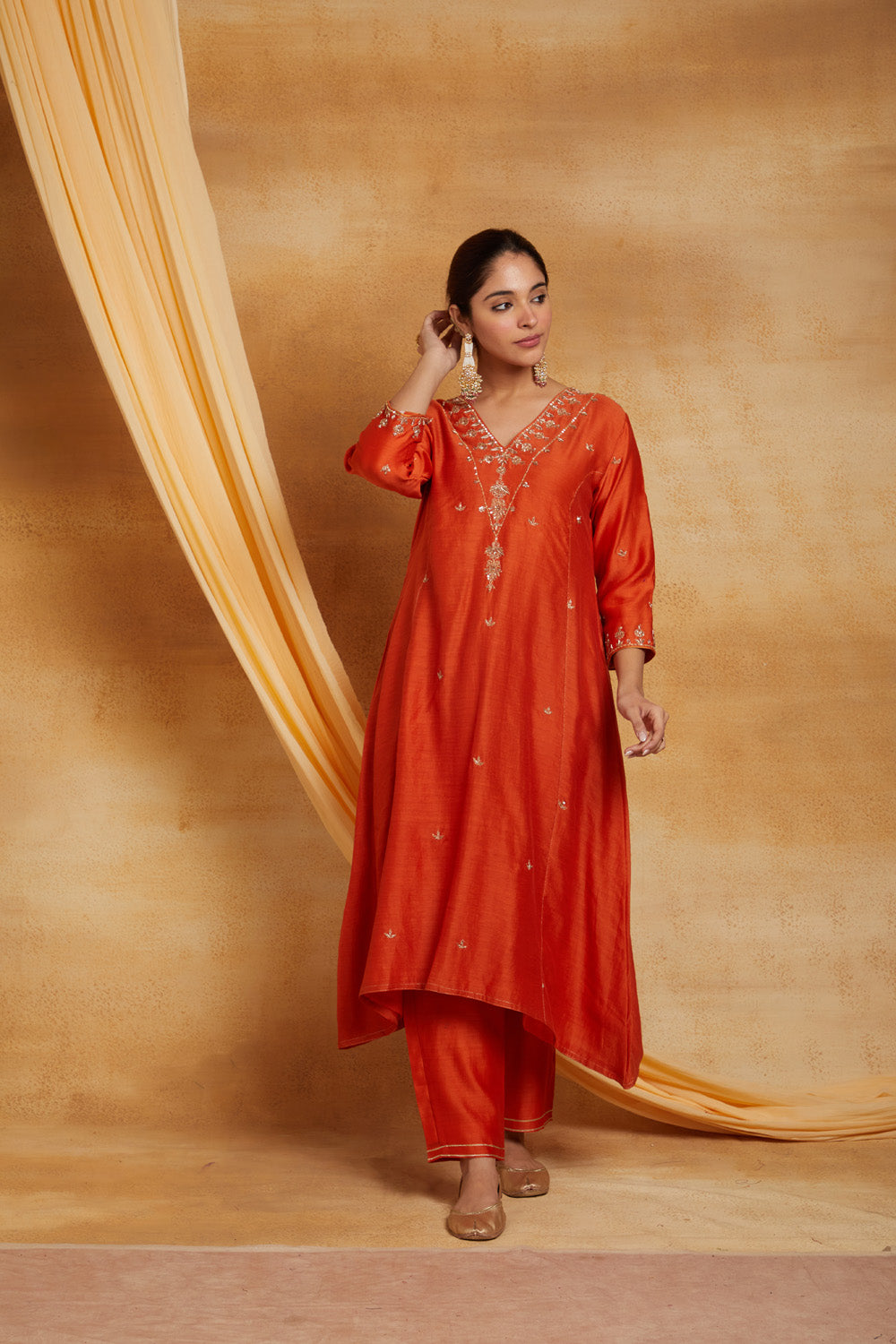 Orange V Neck Golden Embroidered Chanderi Suit Set