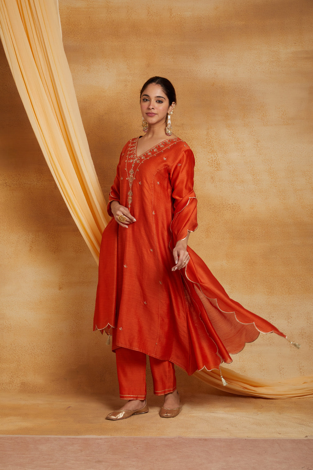 Orange V Neck Golden Embroidered Chanderi Suit Set