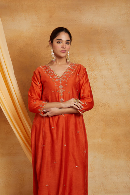 Orange V Neck Golden Embroidered Chanderi Suit Set