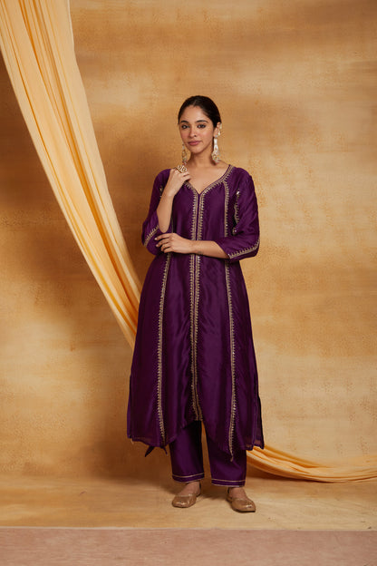 Purple Chanderi Golden Dori Embroidered Suit Set