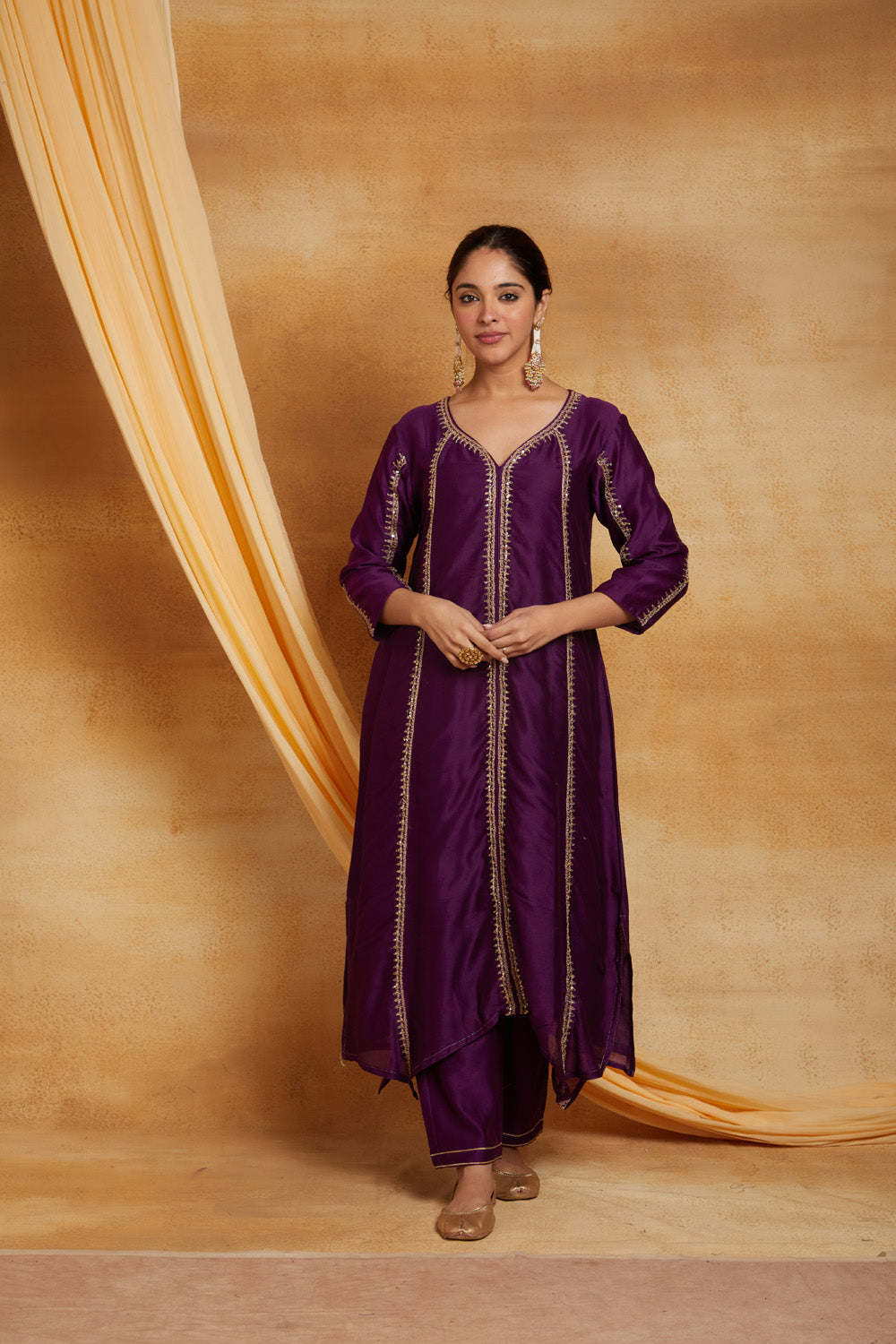 Purple Chanderi Golden Dori Embroidered Suit Set