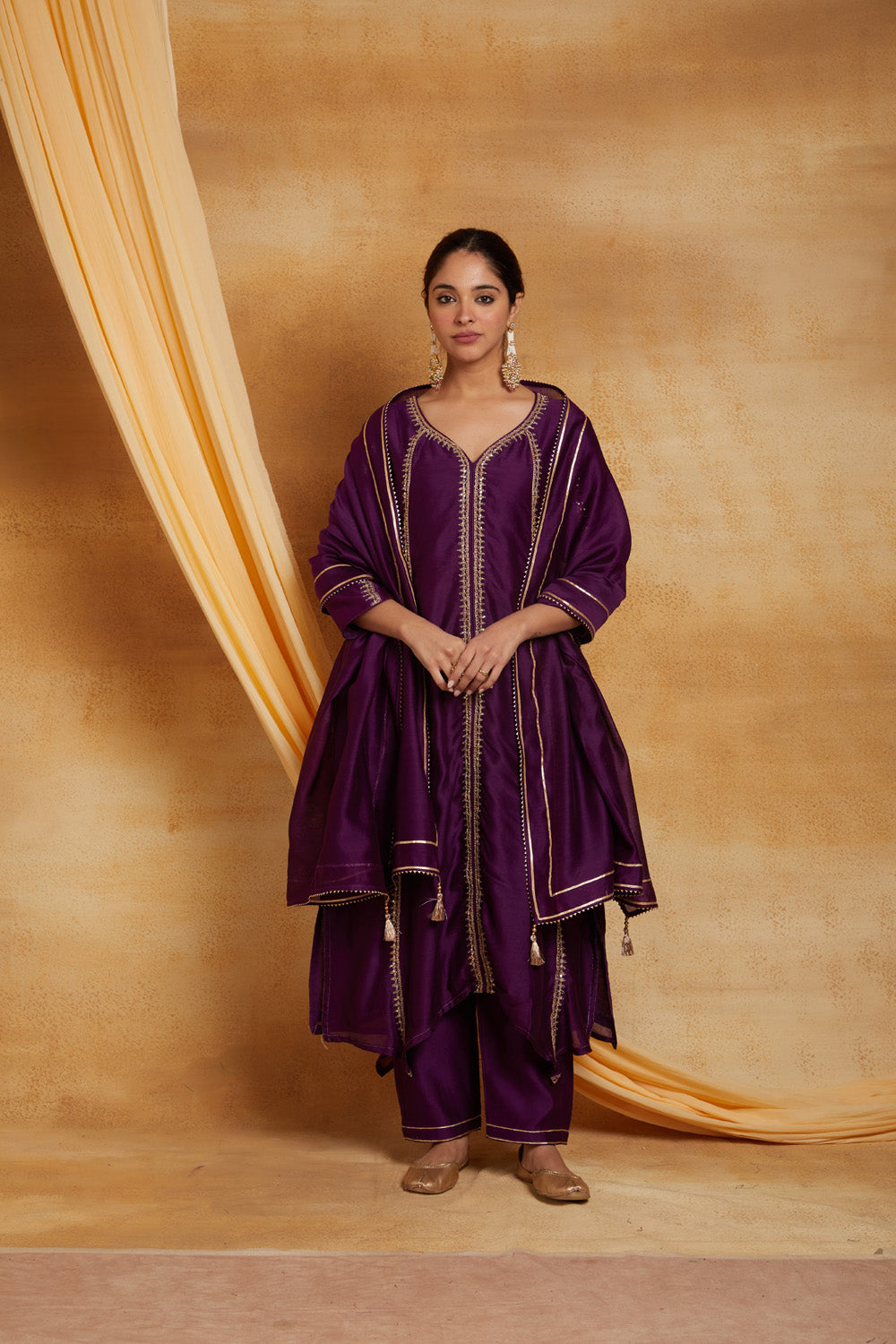 Purple Chanderi Golden Dori Embroidered Suit Set