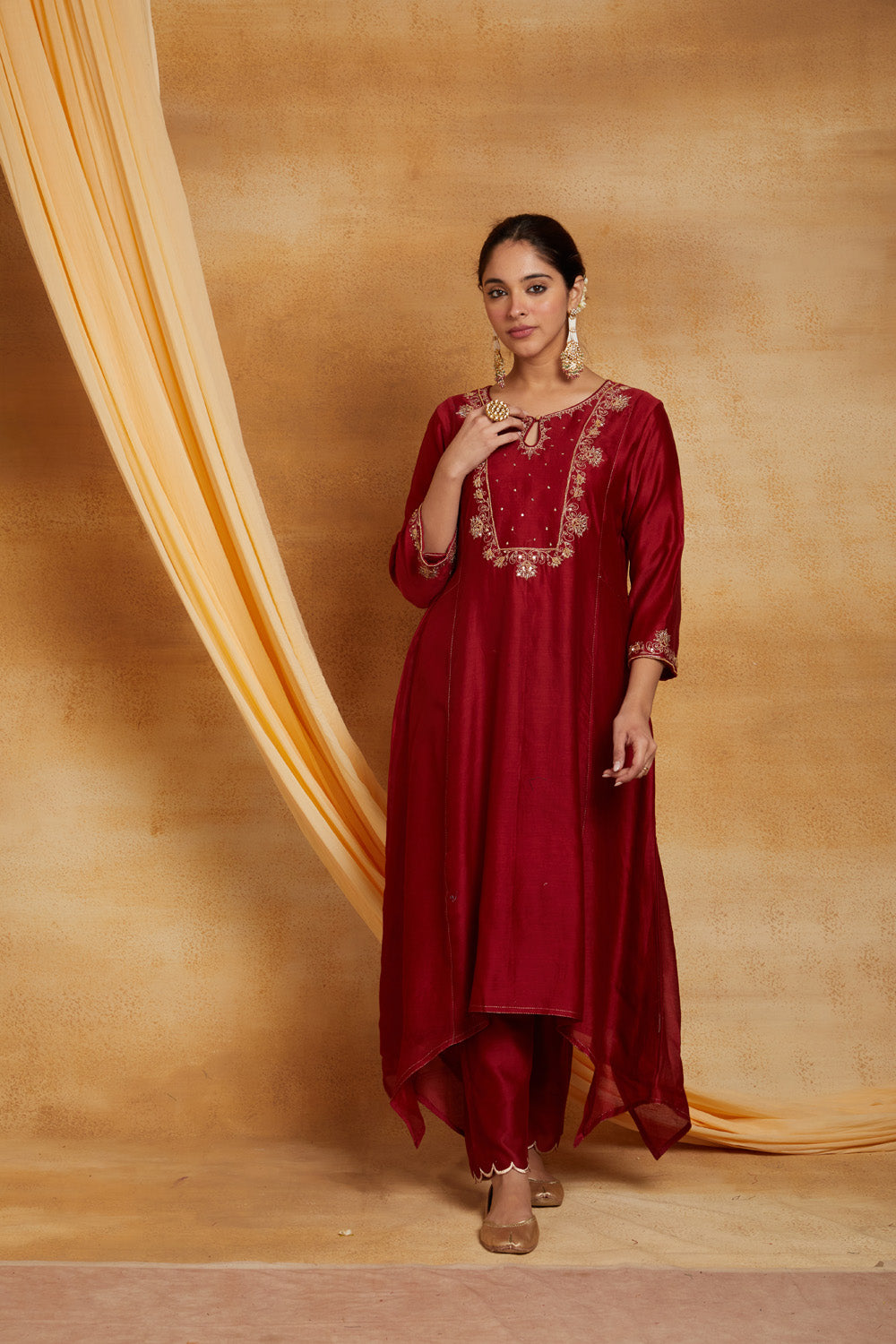 Red Chanderi Zari Embroidered And Sequence Suit Set