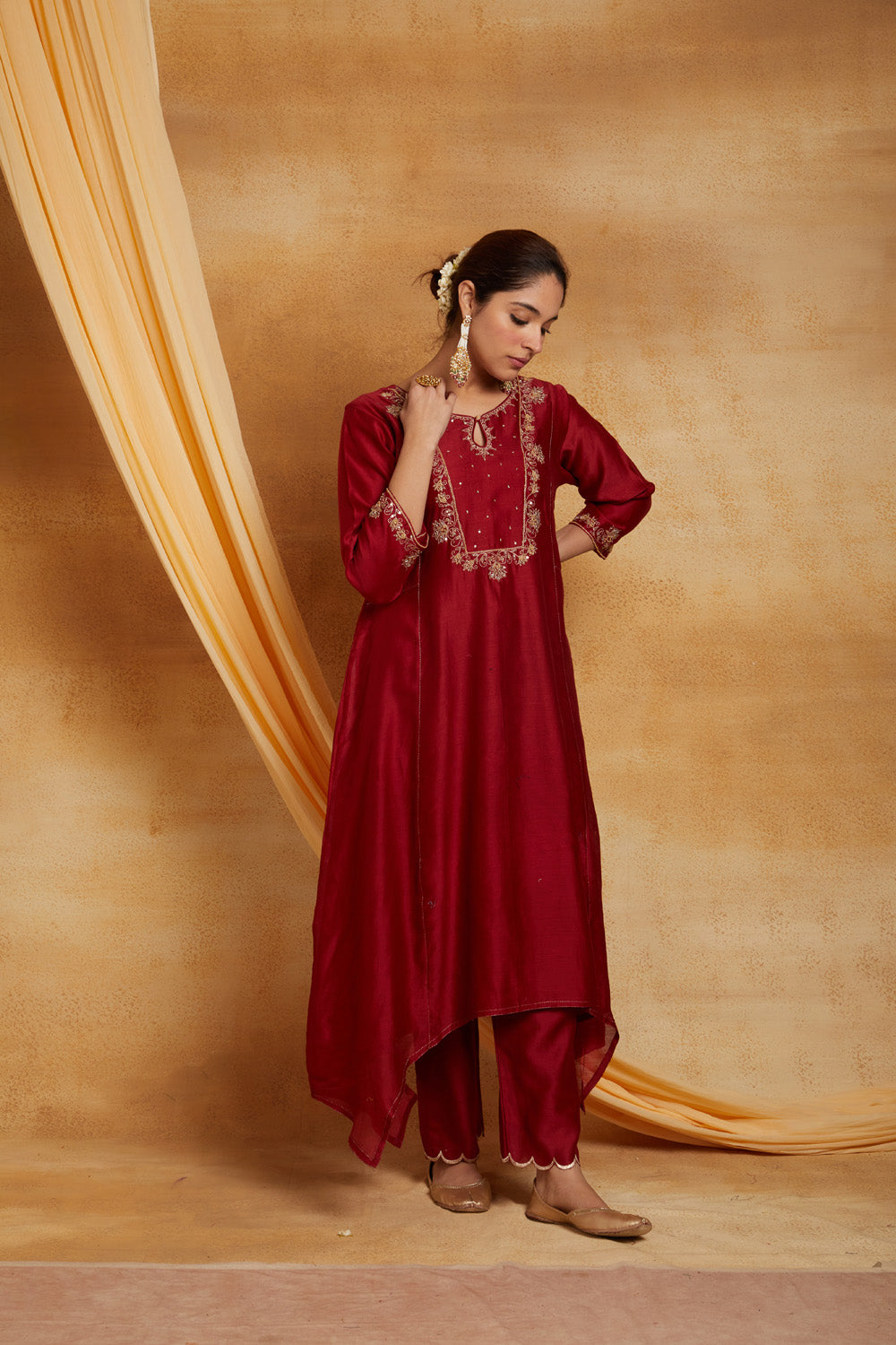 Red Chanderi Zari Embroidered And Sequence Suit Set