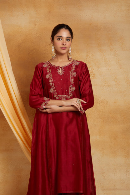 Red Chanderi Zari Embroidered And Sequence Suit Set