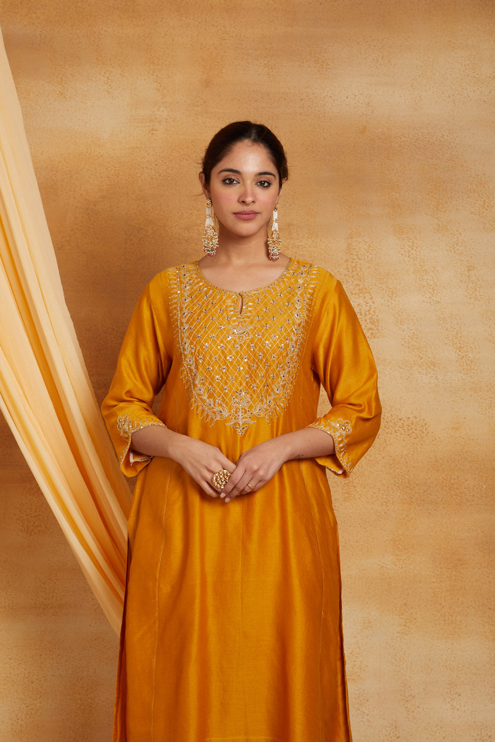 Mustard Chanderi Golden Embroidered Suit Set