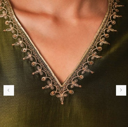 Women Olive Green Embroidered Kurta, Pants & Dupatta