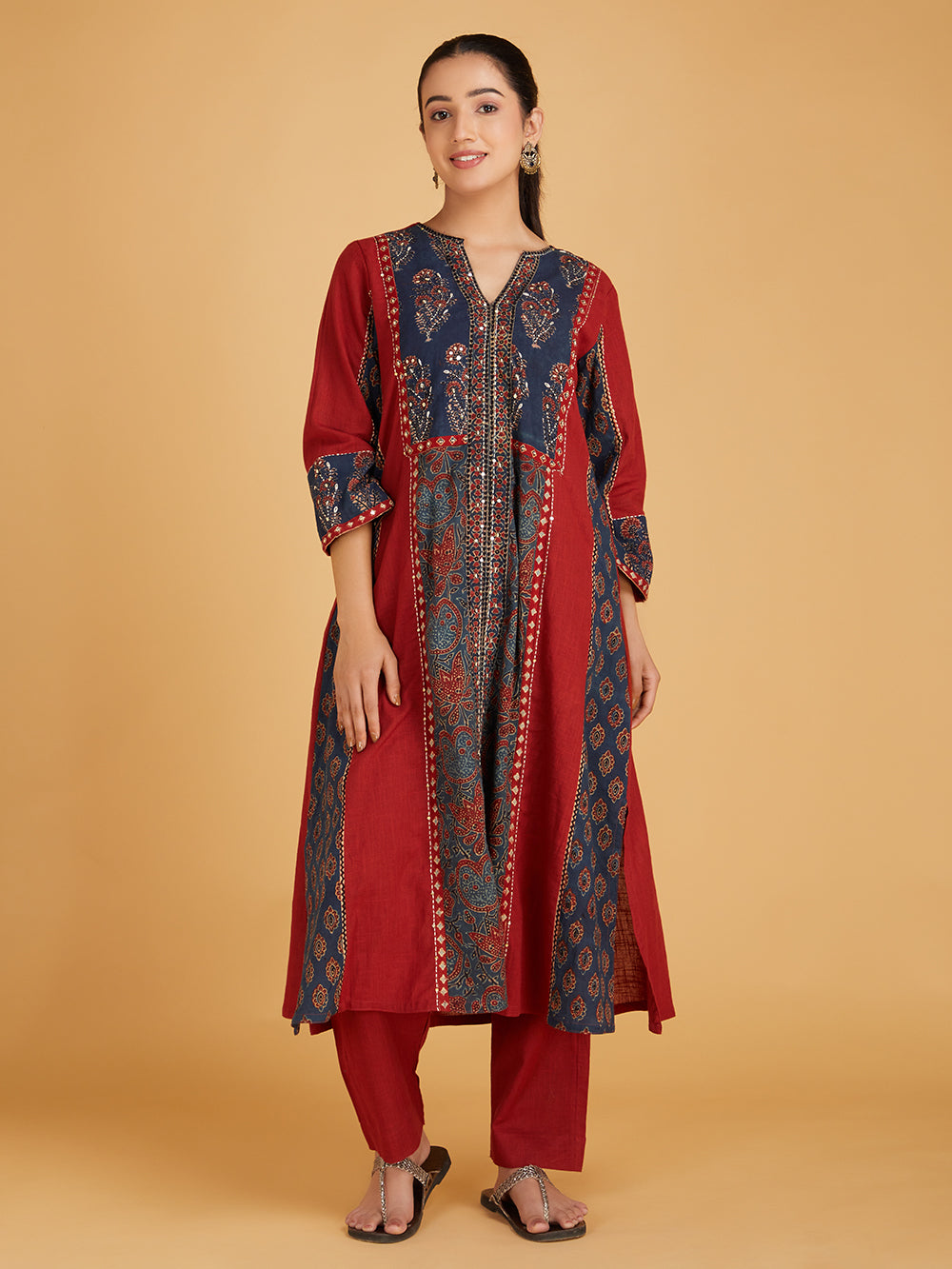 Maroon Ajrakh Hand Block Printed Cotton Slub Kurta with Pants- Set of 2