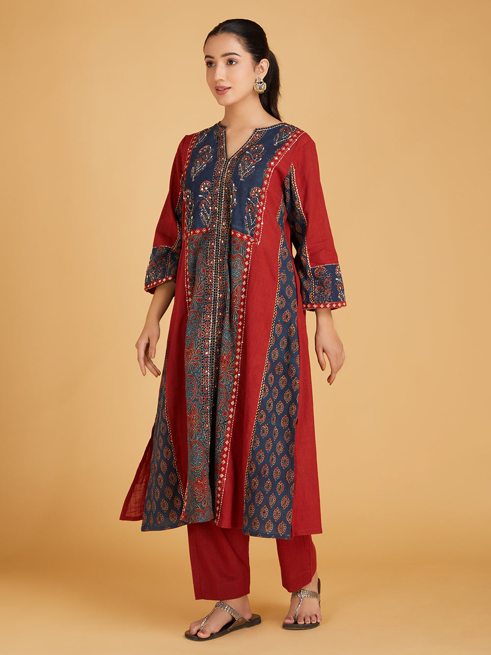 Maroon Ajrakh Hand Block Printed Cotton Slub Kurta with Pants- Set of 2