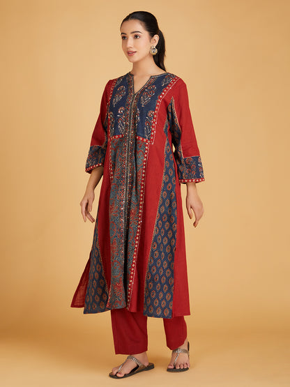 Maroon Ajrakh Hand Block Printed Cotton Slub Kurta with Pants- Set of 2