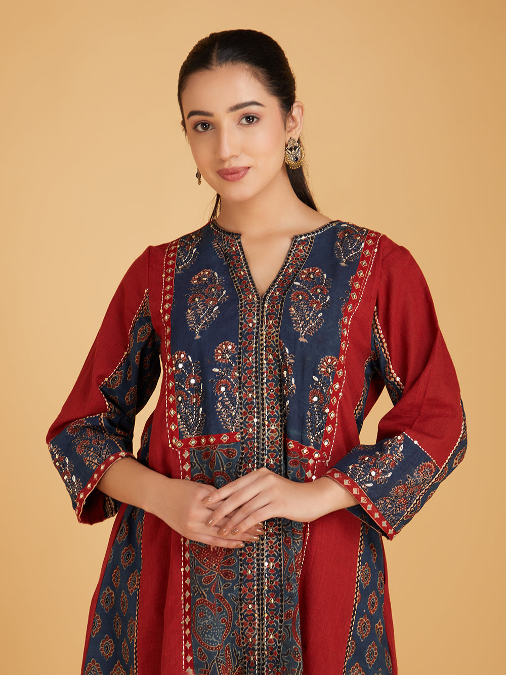 Maroon Ajrakh Hand Block Printed Cotton Slub Kurta with Pants- Set of 2