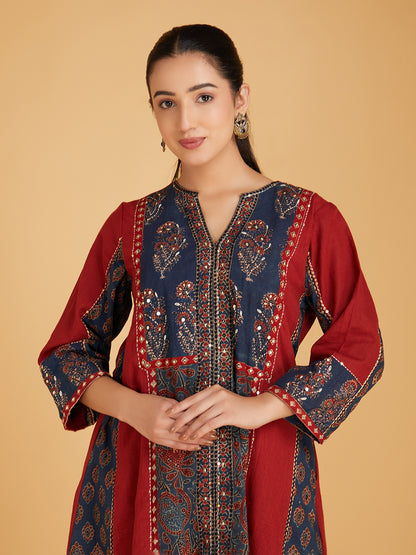 Maroon Ajrakh Hand Block Printed Cotton Slub Kurta with Pants- Set of 2
