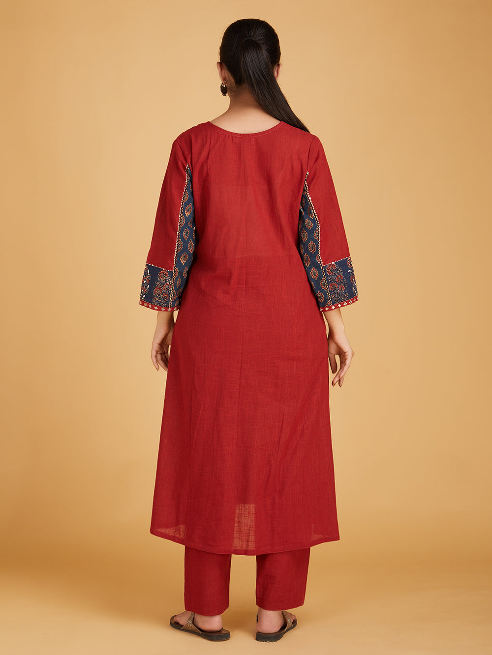 Maroon Ajrakh Hand Block Printed Cotton Slub Kurta with Pants- Set of 2