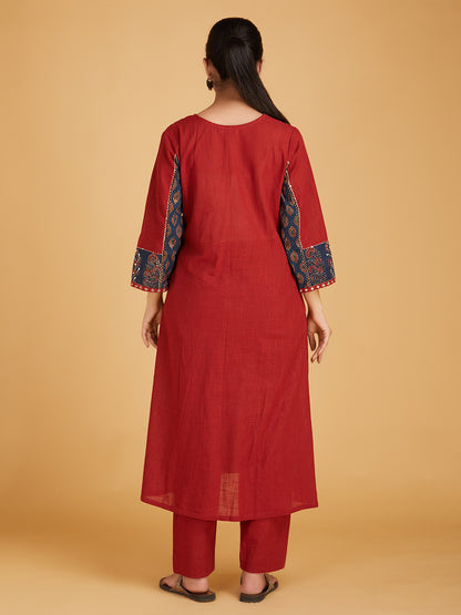 Maroon Ajrakh Hand Block Printed Cotton Slub Kurta with Pants- Set of 2