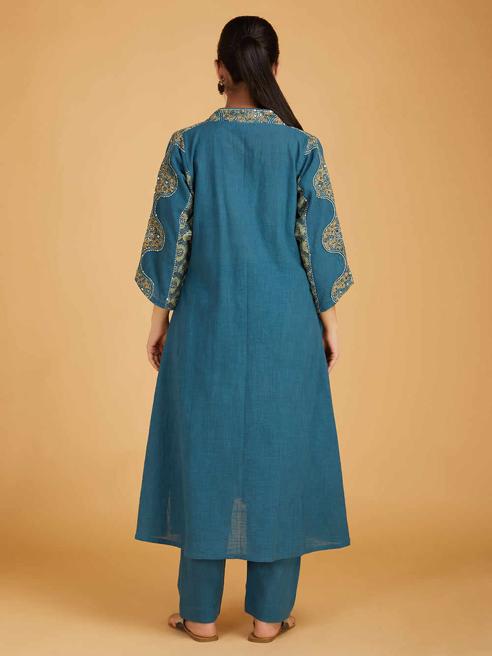 Blue Ajrakh Hand Block Printed Cotton Slub Kurta with Pants- Set of 2