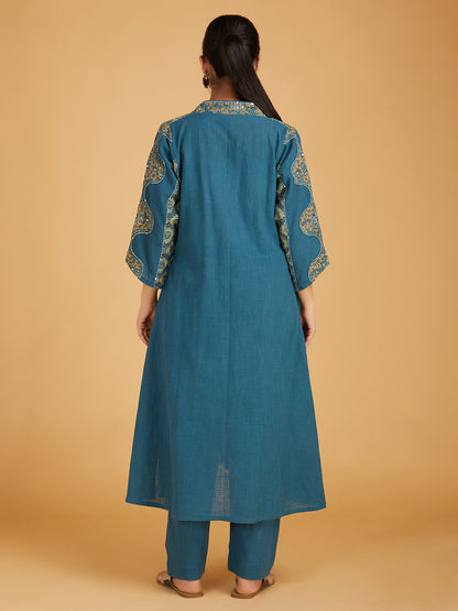 Blue Ajrakh Hand Block Printed Cotton Slub Kurta with Pants- Set of 2