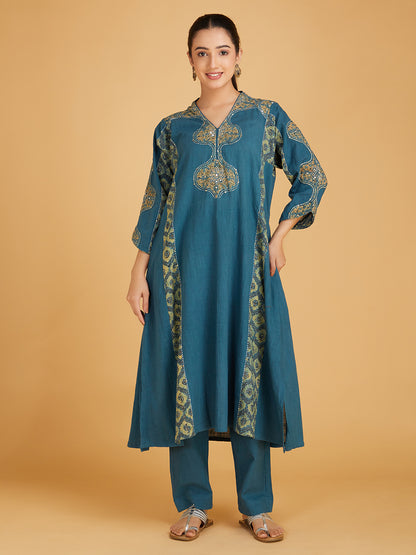 Blue Ajrakh Hand Block Printed Cotton Slub Kurta with Pants- Set of 2