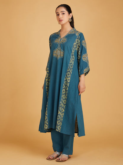 Blue Ajrakh Hand Block Printed Cotton Slub Kurta with Pants- Set of 2
