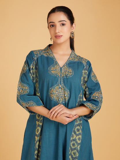 Blue Ajrakh Hand Block Printed Cotton Slub Kurta with Pants- Set of 2