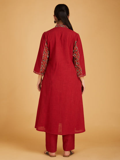 Maroon Ajrakh Hand Block Printed Cotton Slub Kurta with Pants- Set of 2