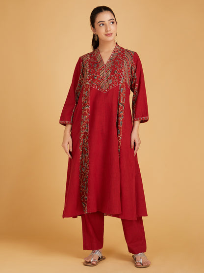 Maroon Ajrakh Hand Block Printed Cotton Slub Kurta with Pants- Set of 2