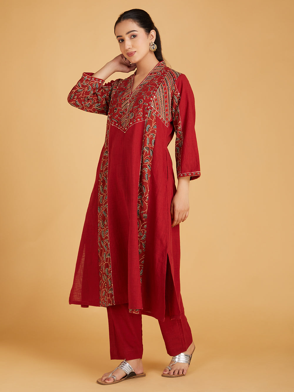 Maroon Ajrakh Hand Block Printed Cotton Slub Kurta with Pants- Set of 2