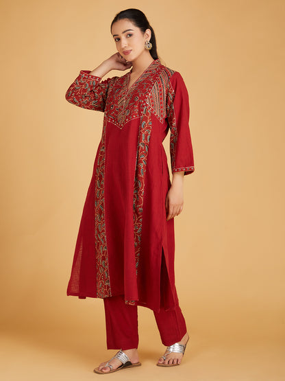 Maroon Ajrakh Hand Block Printed Cotton Slub Kurta with Pants- Set of 2