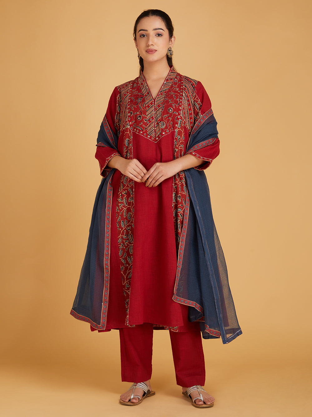 Maroon Ajrakh Hand Block Printed Cotton Suit Set