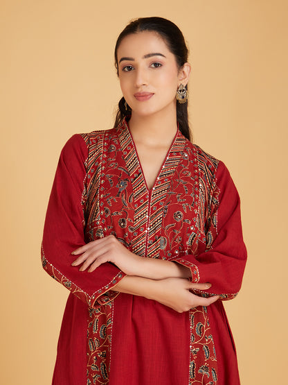 Maroon Ajrakh Hand Block Printed Cotton Slub Kurta with Pants- Set of 2