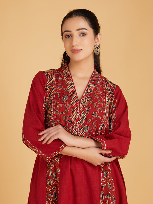 Maroon Ajrakh Hand Block Printed Cotton Slub Kurta with Pants- Set of 2