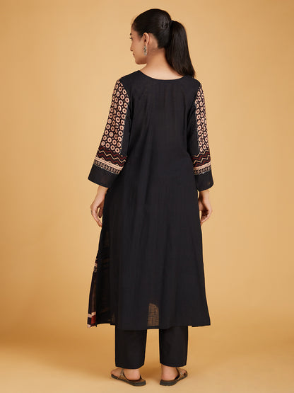 Black Ajrakh Hand Block Printed Cotton Slub Kurta with Pants- Set of 2