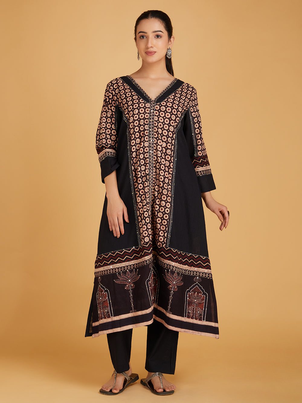 Black Ajrakh Hand Block Printed Cotton Slub Kurta with Pants- Set of 2
