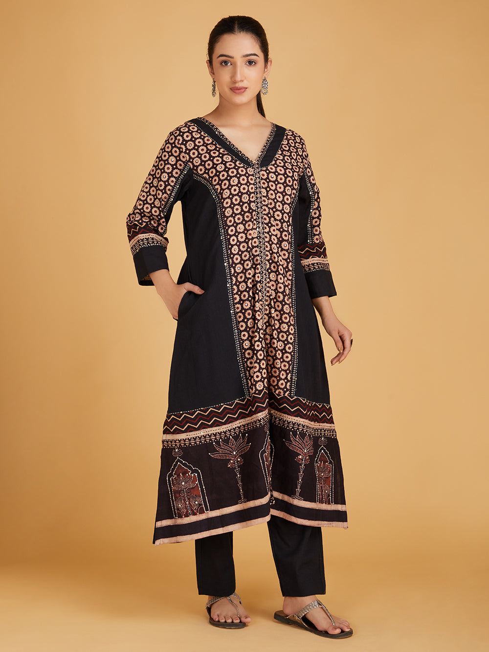Black Ajrakh Hand Block Printed Cotton Slub Kurta with Pants- Set of 2
