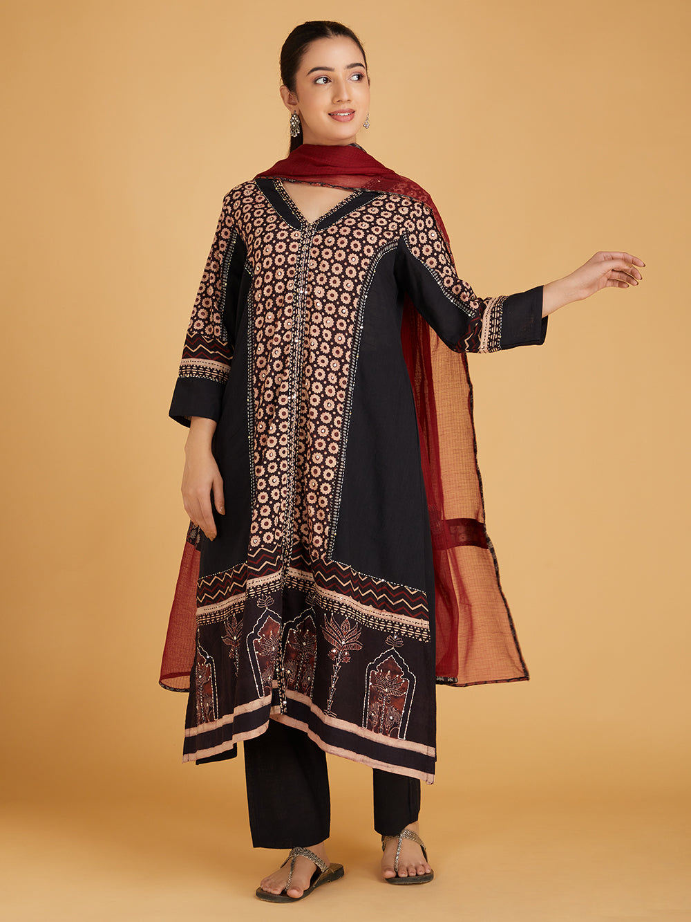 Black Ajrakh Hand Block Printed Cotton Suit Set