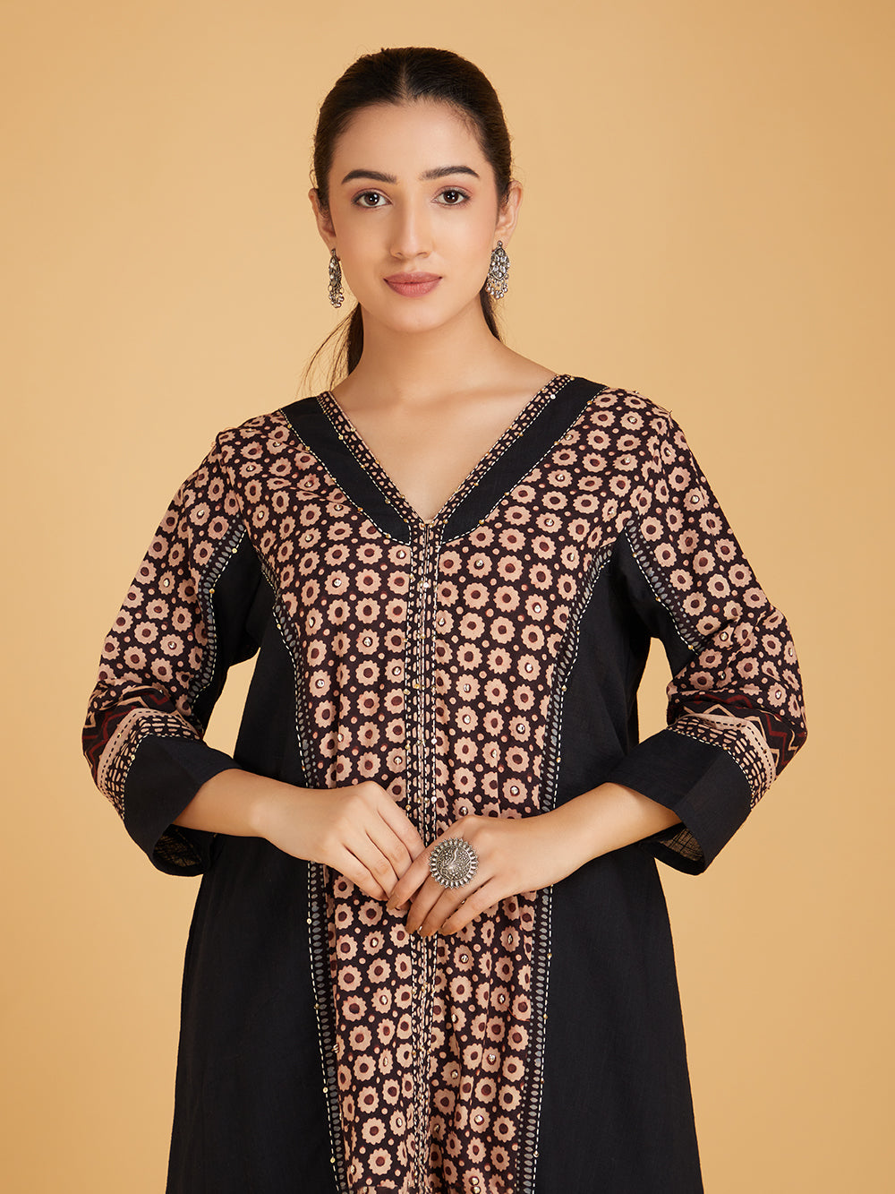 Black Ajrakh Hand Block Printed Cotton Slub Kurta with Pants- Set of 2