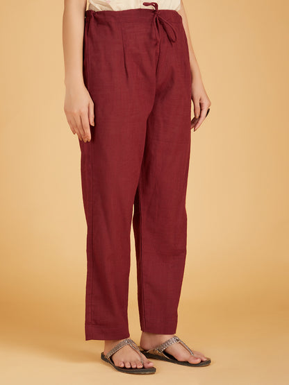 Maroon Ajrakh Hand Block Printed Cotton Slub Kurta with Pants- Set of 2