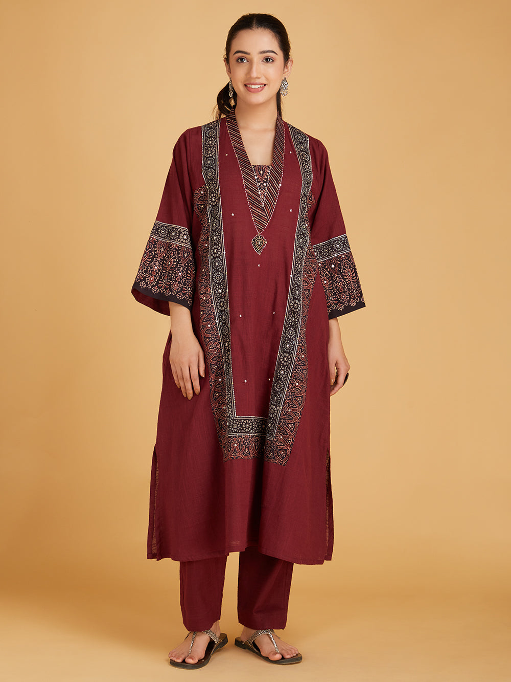Maroon Ajrakh Hand Block Printed Cotton Slub Kurta with Pants- Set of 2