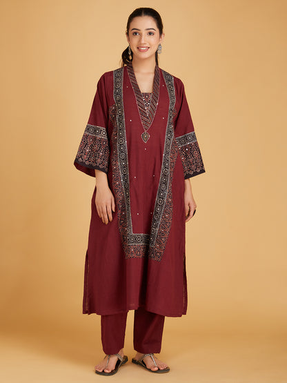 Maroon Ajrakh Hand Block Printed Cotton Slub Kurta with Pants- Set of 2